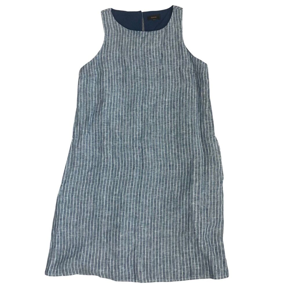 Quince 100% Euro Linen Pinstripe Dress Blue Coastal POCKETS Chambray Capsule S